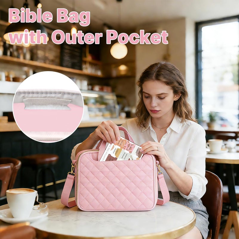 PUGPIU Bible Cover Case for Women, Large Quilted Bible Bag with Shoulder Strap and Handle, Bible Study Supplies Journaling Kit with Highlighters Pens No Bleed Tabs Notebook Cross Clips (Pink) - Image 3